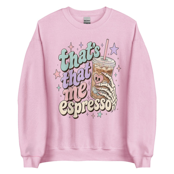 Espresso Skeleton Halloween sweatshirt featuring a spooky skeleton and coffee inspired design, a Sabrina Carpenter Espresso mashup crewneck for pop music fans, coffee lovers and Halloween outfits.
