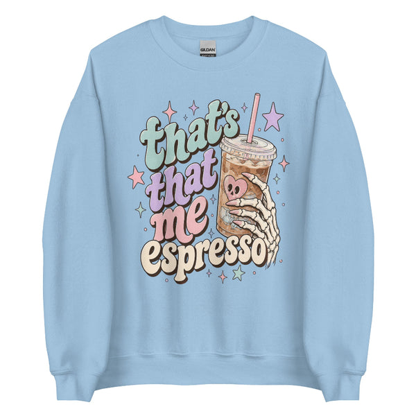 Espresso Skeleton Halloween sweatshirt featuring a spooky skeleton and coffee inspired design, a Sabrina Carpenter Espresso mashup crewneck for pop music fans, coffee lovers and Halloween outfits.
