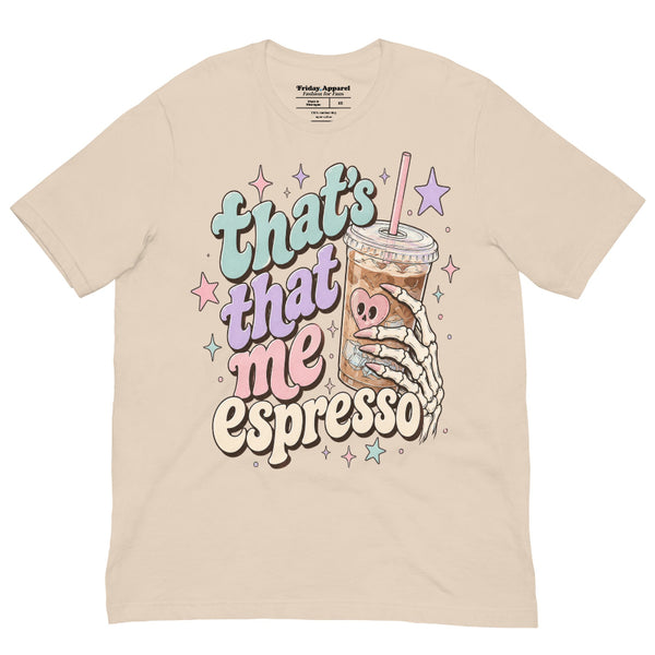 Espresso Skeleton Halloween shirt featuring a spooky skeleton and coffee inspired design, a Sabrina Carpenter Espresso mashup tee for pop music fans and Halloween outfits.