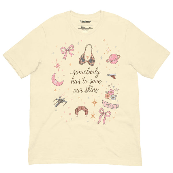 Somebody Has to Save Our Skins Leia coquette shirt featuring a feminine bow and star design inspired by Princess Leia and Star Wars, shown on a soft unisex tee for Galaxy’s Edge and Disney park outfits.
