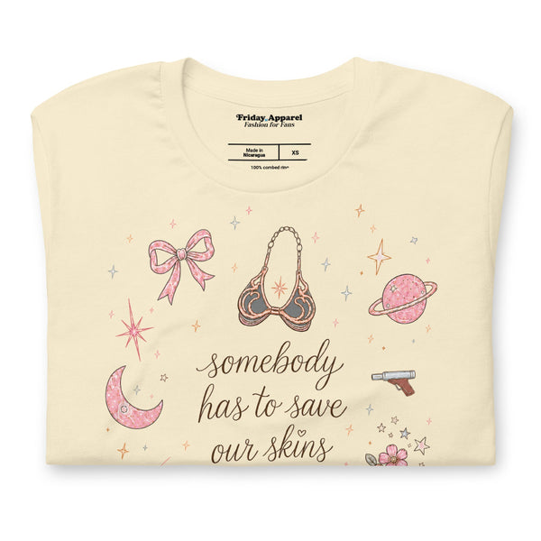 Somebody Has to Save Our Skins Leia coquette shirt featuring a feminine bow and star design inspired by Princess Leia and Star Wars, shown on a soft unisex tee for Galaxy’s Edge and Disney park outfits.