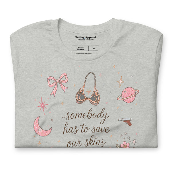 Somebody Has to Save Our Skins Leia coquette shirt featuring a feminine bow and star design inspired by Princess Leia and Star Wars, shown on a soft unisex tee for Galaxy’s Edge and Disney park outfits.