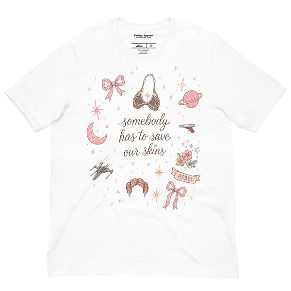 Somebody Has to Save Our Skins Leia coquette shirt featuring a feminine bow and star design inspired by Princess Leia and Star Wars, shown on a soft unisex tee for Galaxy’s Edge and Disney park outfits.