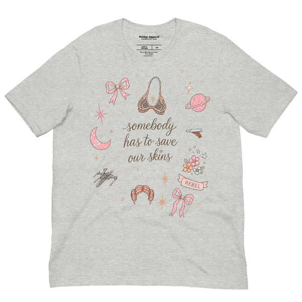 Somebody Has to Save Our Skins Leia coquette shirt featuring a feminine bow and star design inspired by Princess Leia and Star Wars, shown on a soft unisex tee for Galaxy’s Edge and Disney park outfits.