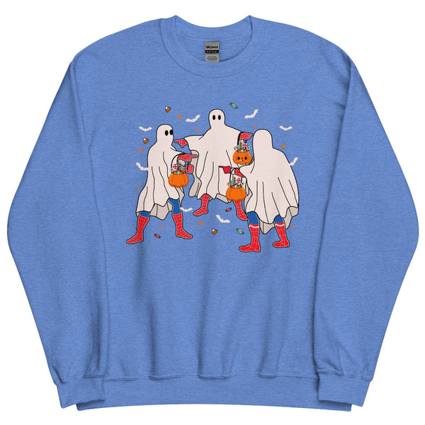 Spideys Halloween unisex sweatshirt featuring three Spider-Man characters in the iconic pointing meme with jack-o'-lanterns, a Marvel Halloween outfit for Avengers Campus, Oogie Boogie Bash, Disneyland and trick-or-treating.