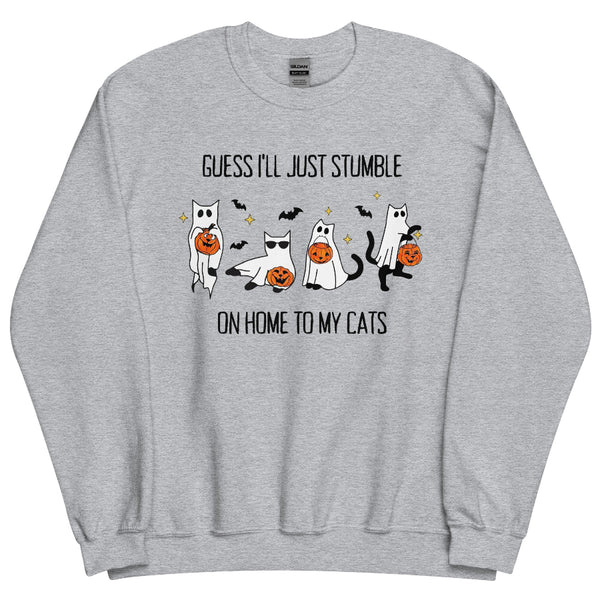 Gorgeous Cats Halloween unisex sweatshirt inspired by the Reputation song Gorgeous, featuring ghost cats, jack-o'-lanterns and bats with the “stumble on home to my cats” lyric for Swiftie Halloween outfits.