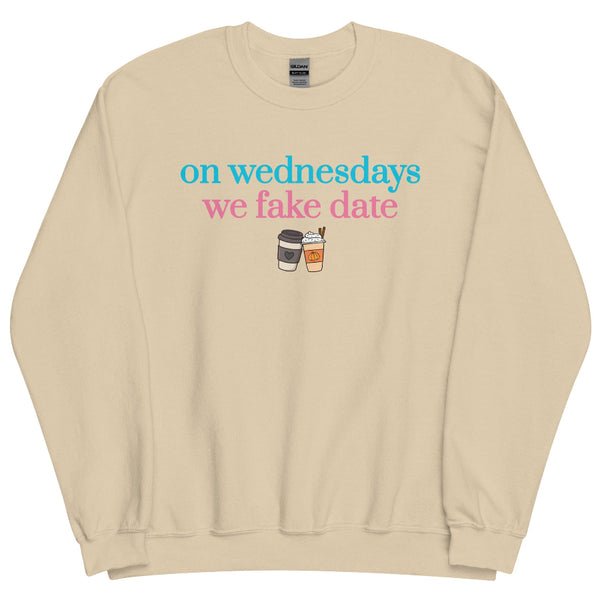 On Wednesdays We Fake Date crewneck sweatshirt featuring a minimal black coffee, pumpkin spice latte and heart design for fake dating romance readers.