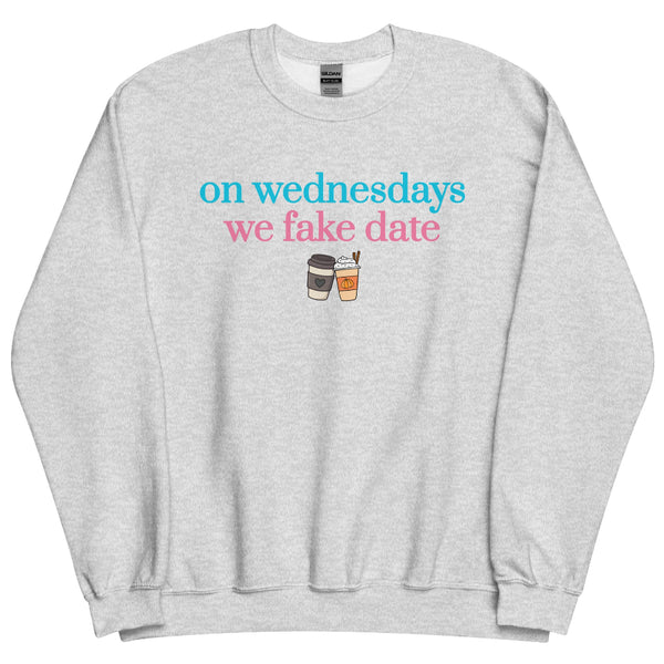 On Wednesdays We Fake Date crewneck sweatshirt featuring a minimal black coffee, pumpkin spice latte and heart design for fake dating romance readers.