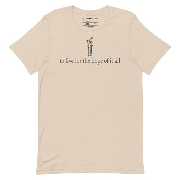 Neutral unisex t-shirt featuring “to live for the hope of it all” lyric design with subtle galaxy-inspired details