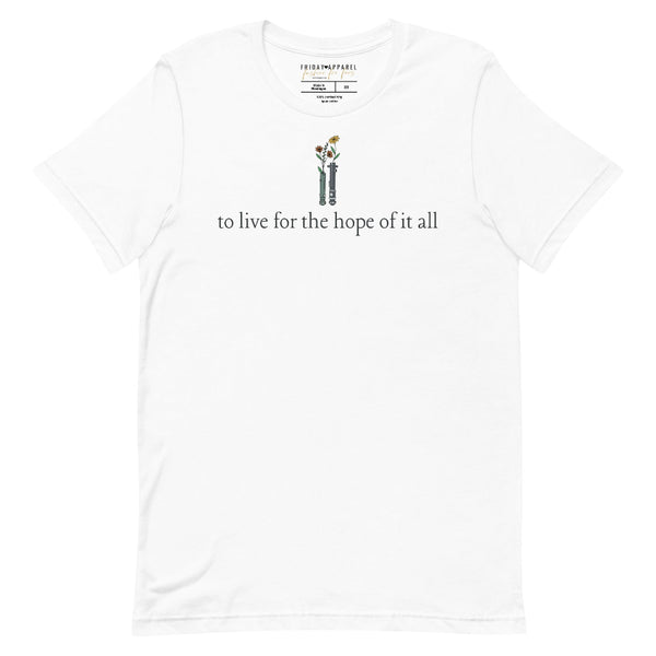 White unisex t-shirt featuring “to live for the hope of it all” lyric design with subtle galaxy-inspired details