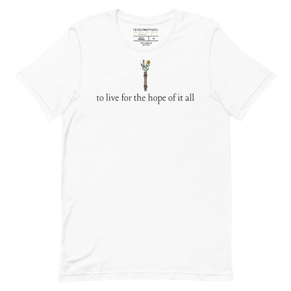 White unisex t-shirt featuring “to live for the hope of it all” lyric design with subtle galaxy-inspired details