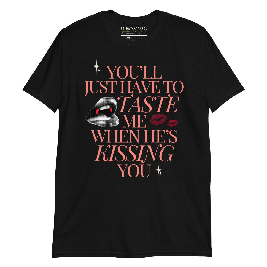 Taylor Swift vampire lyric sticker – black lips with fangs, red lipstick kiss marks, and text ‘You’ll just have to taste me when he’s kissing you’ – gothic Halloween Swiftie sticker. black t-shirt graphic tee sabrina carpenter mans best friend taste tears