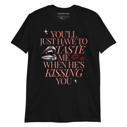 Taylor Swift vampire lyric sticker – black lips with fangs, red lipstick kiss marks, and text ‘You’ll just have to taste me when he’s kissing you’ – gothic Halloween Swiftie sticker. black t-shirt graphic tee sabrina carpenter mans best friend taste tears