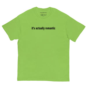 Light green ‘It’s Actually Romantic’ unisex t-shirt, minimalist Swiftie-inspired design printed on 100% combed ring spun cotton, relaxed fit. neon green charli xcx angels apple flirting dirty to me feud drama tea battle taylor swift swiftie merch outfit costume cosplay