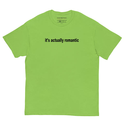 Light green ‘It’s Actually Romantic’ unisex t-shirt, minimalist Swiftie-inspired design printed on 100% combed ring spun cotton, relaxed fit. neon green charli xcx angels apple flirting dirty to me feud drama tea battle taylor swift swiftie merch outfit costume cosplay