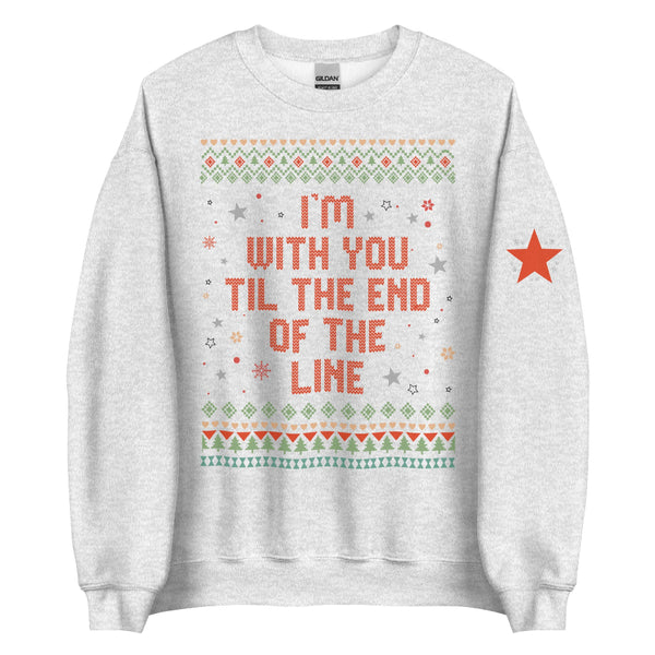 Ash grey light gray “I’m With You ’Til the End of the Line” unisex holiday sweatshirt with retro ugly sweater pattern and star sleeve detail, Marvel-inspired design referencing Bucky Barnes and Steve Rogers friendship, cotton polyester blend, inclusive sizing small–5XL, fandom Christmas merch. Avengers Campus disneyland holiday sweater christmas Loki tom hiddleston