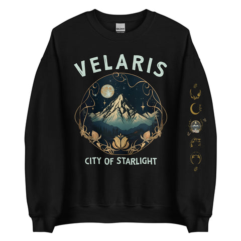 Velaris Sweatshirt for ACOTAR fans. Front design of night court mountain with stars and City of Starlight. Left sleeve print with Feyre and Rhysand tattoo with moon and star phases and butterflies.