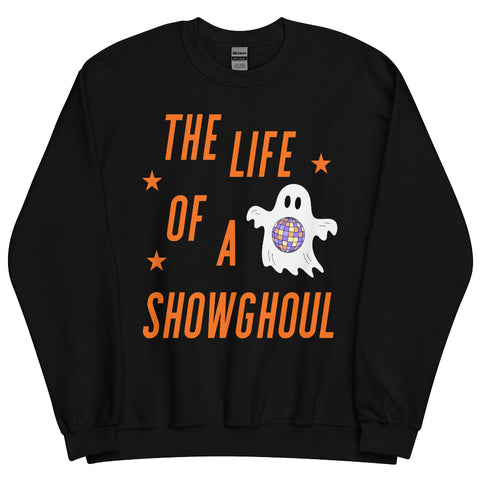 Life of a Showghoul Swiftie-inspired Halloween sweatshirt with disco ghost design, cozy cotton polyester blend, unisex sizing. taylor swift costume top shirt sweater cardigan the life of a showgirl october 3rd listening party outfit eras tour
