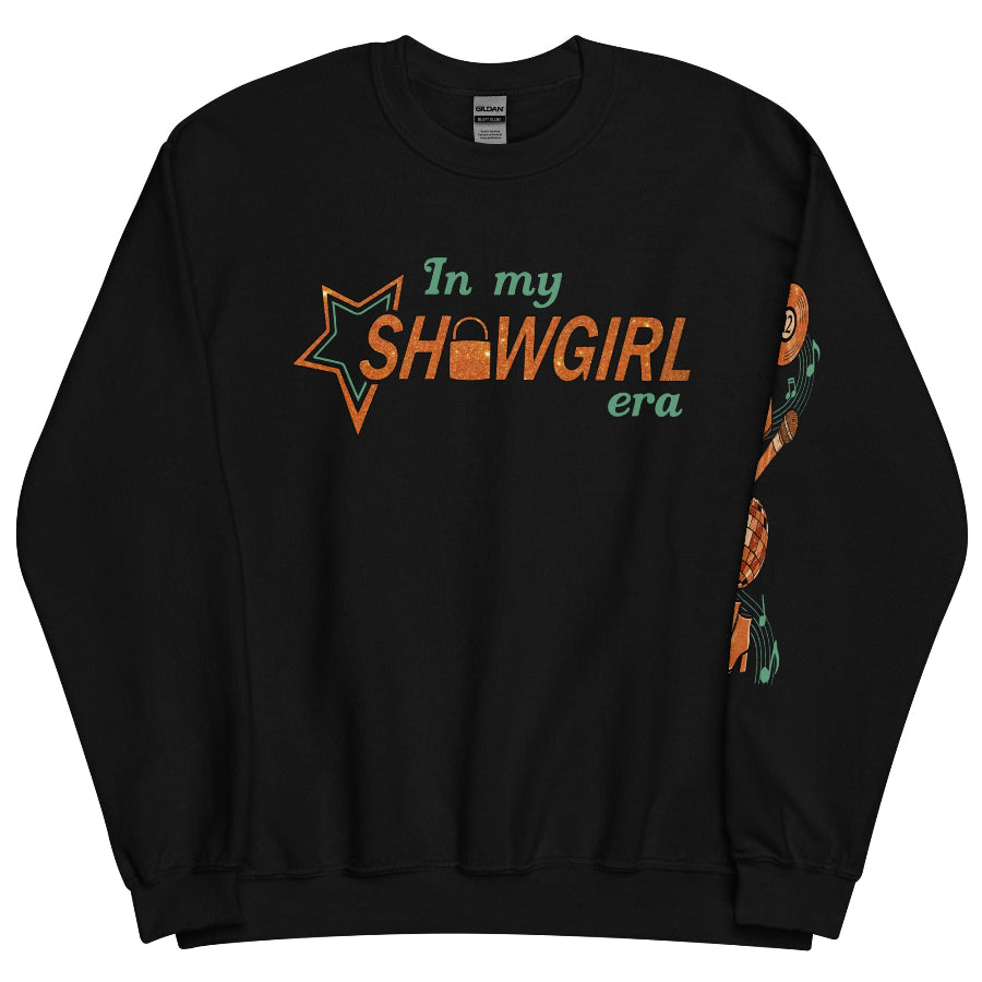 Music notes sleeve design on black unisex sweatshirt featuring record, lock, microphone, disco ball, and boots icons in copper tones. the life of a showgirl in my showgirl eras sweater left sleeve design print taylor swift swiftie vinyl TS12 microphone mirrorball boots outfit gift