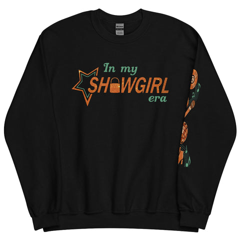 Music notes sleeve design on black unisex sweatshirt featuring record, lock, microphone, disco ball, and boots icons in copper tones. the life of a showgirl in my showgirl eras sweater left sleeve design print taylor swift swiftie vinyl TS12 microphone mirrorball boots outfit gift