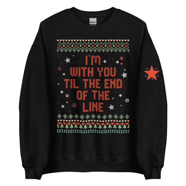 Black “I’m With You ’Til the End of the Line” unisex holiday sweatshirt with retro ugly sweater pattern and star sleeve detail, Marvel-inspired design referencing Bucky Barnes and Steve Rogers friendship, cotton polyester blend, inclusive sizing small–5XL, fandom Christmas merch. Avengers Campus disneyland holiday sweater christmas Loki tom hiddleston