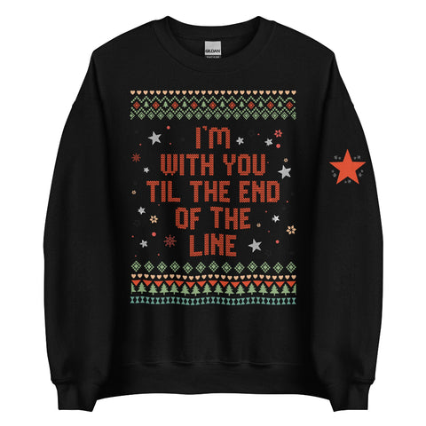 Black “I’m With You ’Til the End of the Line” unisex holiday sweatshirt with retro ugly sweater pattern and star sleeve detail, Marvel-inspired design referencing Bucky Barnes and Steve Rogers friendship, cotton polyester blend, inclusive sizing small–5XL, fandom Christmas merch. Avengers Campus disneyland holiday sweater christmas Loki tom hiddleston