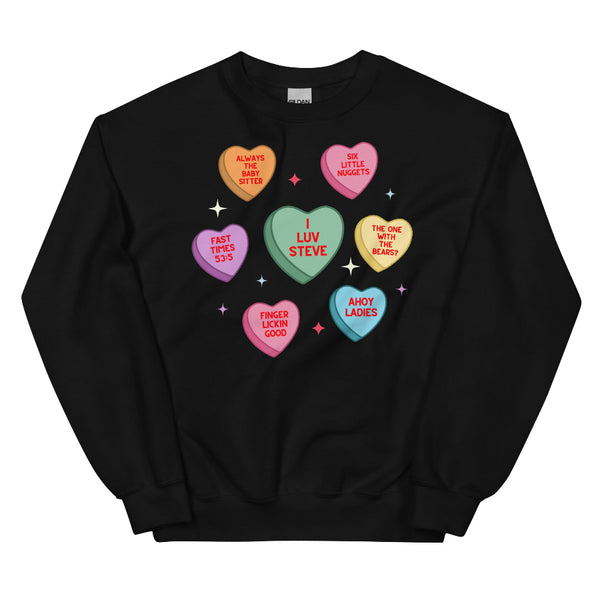 Unisex Valentine sweatshirt featuring Steve Harrington inspired candy hearts design with “I Luv Steve” text