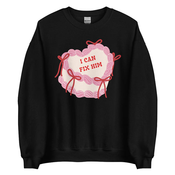 Coquette Valentine sweatshirt with pink cake, bows, and “I can fix him” phrase inspired by hot villain romantasy vibes
