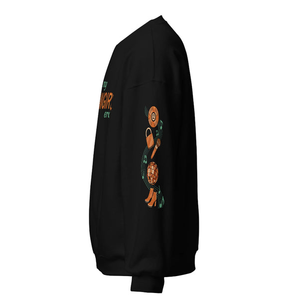 Music notes sleeve design on black unisex sweatshirt featuring record, lock, microphone, disco ball, and boots icons in copper tones. the life of a showgirl in my showgirl eras sweater left sleeve design print taylor swift swiftie vinyl TS12 microphone mirrorball boots outfit gift