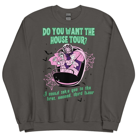 Haunted Mansion x Sabrina Carpenter House Tour mashup sweatshirt featuring ghostly bride design, cozy cotton polyester blend, unisex sizing. unisex sweater top shirt jumper pullover hoodie long sleeve fall winter disney parks oogie boogie bash sabrina carpenter do you want the house tour mans best friend mickeys not so scary outfit costume music lyrics