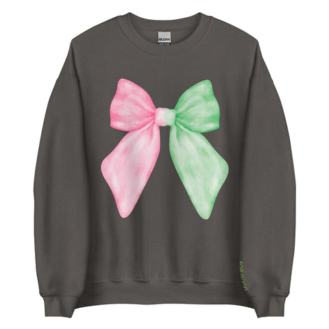 Pastel pink and green ‘Wicked for Good’ unisex sweatshirt with embroidered bow on chest and ‘for good’ sleeve embroidery, cozy cotton polyester blend, inclusive sizes Small–5XL. elphaba glinda sleeve for good pink green feminine coquette girly outfit matching