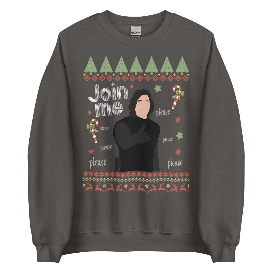 Dark green unisex sweatshirt featuring Kylo Ren from The Last Jedi with “Join Me please” repeated text, retro ugly sweater Christmas pattern with trees, candy canes, and stars. Star Wars Reylo holiday fandom design referencing Adam Driver, printed on cotton polyester blend crewneck in inclusive sizing Small–5XL. ben solo movie