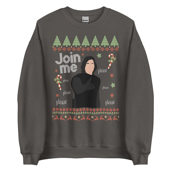Dark green unisex sweatshirt featuring Kylo Ren from The Last Jedi with “Join Me please” repeated text, retro ugly sweater Christmas pattern with trees, candy canes, and stars. Star Wars Reylo holiday fandom design referencing Adam Driver, printed on cotton polyester blend crewneck in inclusive sizing Small–5XL. ben solo movie