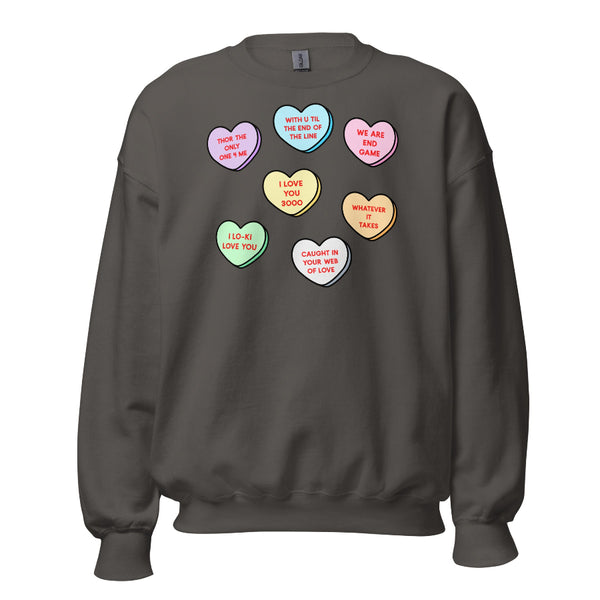 Unisex sweatshirt with superhero-inspired candy heart Valentine design