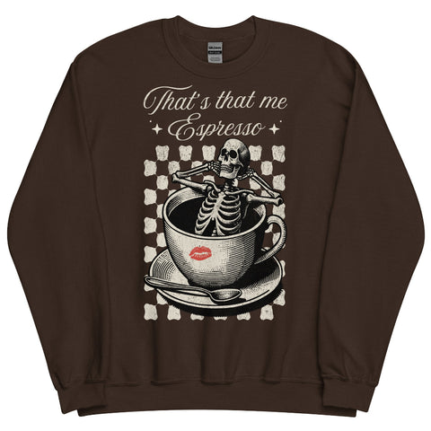 Black crewneck sweatshirt with skeleton sitting inside coffee cup design, red lipstick mark on cup, checkerboard background, and text ‘That’s that me Espresso’ – Halloween coffee lover sweatshirt. sabrina carpenter short n sweet mans best friend tears brown dark chocolate