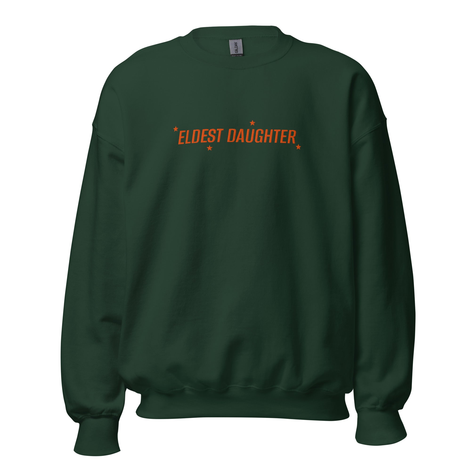 Black ‘Eldest Daughter’ embroidered sweatshirt with orange stars, unisex crewneck made from cotton polyester blend, inclusive sizing XS–4XL. forest green taylor swift swiftie embroidered sweater eras tour outfit merch the life of a showgirl TS12
