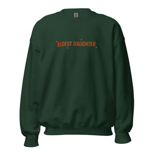 Black ‘Eldest Daughter’ embroidered sweatshirt with orange stars, unisex crewneck made from cotton polyester blend, inclusive sizing XS–4XL. forest green taylor swift swiftie embroidered sweater eras tour outfit merch the life of a showgirl TS12