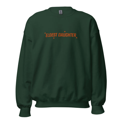 Black ‘Eldest Daughter’ embroidered sweatshirt with orange stars, unisex crewneck made from cotton polyester blend, inclusive sizing XS–4XL. forest green taylor swift swiftie embroidered sweater eras tour outfit merch the life of a showgirl TS12