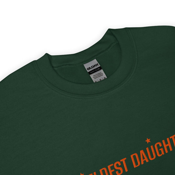 Black ‘Eldest Daughter’ embroidered sweatshirt with orange stars, unisex crewneck made from cotton polyester blend, inclusive sizing XS–4XL. forest green taylor swift swiftie embroidered sweater eras tour outfit merch the life of a showgirl TS12
