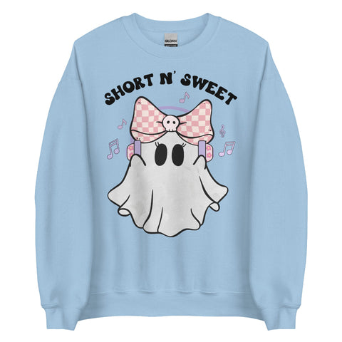 Short n’ Sweet ghost sticker – cute cartoon ghost with big pink checkered bow, headphones, and music notes – pastel aesthetic Halloween sticker sabrina carpenter sweatshirt sweater jumper pullover hoodie