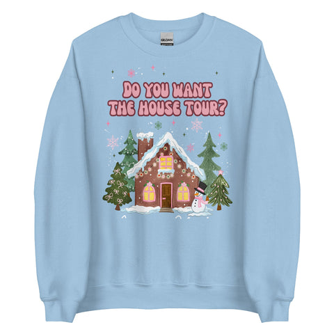 Unisex sweatshirt featuring pastel “Do You Want the House Tour?” text above a cute gingerbread house with snow, pine trees, and pink holiday accents. Sabrina Carpenter man's best friend short n sweet espresso girly gift outfit party