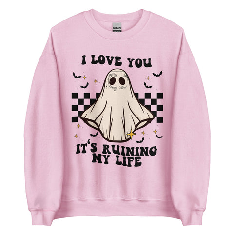 Pink crewneck sweatshirt with ghost design, checkerboard background, bats, and text ‘I Love You It’s Ruining My Life’ – cute spooky Taylor Swift inspired Halloween sweatshirt. fortnight tortured poets department TTPD halloween ghost malone