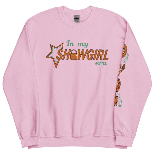 Music notes sleeve design on black unisex sweatshirt featuring record, lock, microphone, disco ball, and boots icons in copper tones. the life of a showgirl in my showgirl eras sweater left sleeve design print taylor swift swiftie vinyl TS12 microphone mirrorball boots outfit gift