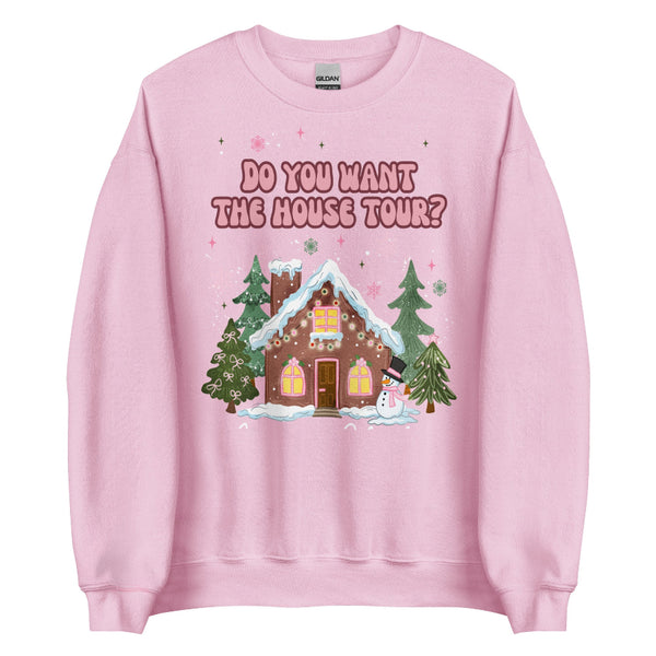 Unisex sweatshirt featuring pastel “Do You Want the House Tour?” text above a cute gingerbread house with snow, pine trees, and pink holiday accents. Sabrina Carpenter man's best friend short n sweet espresso girly gift outfit party
