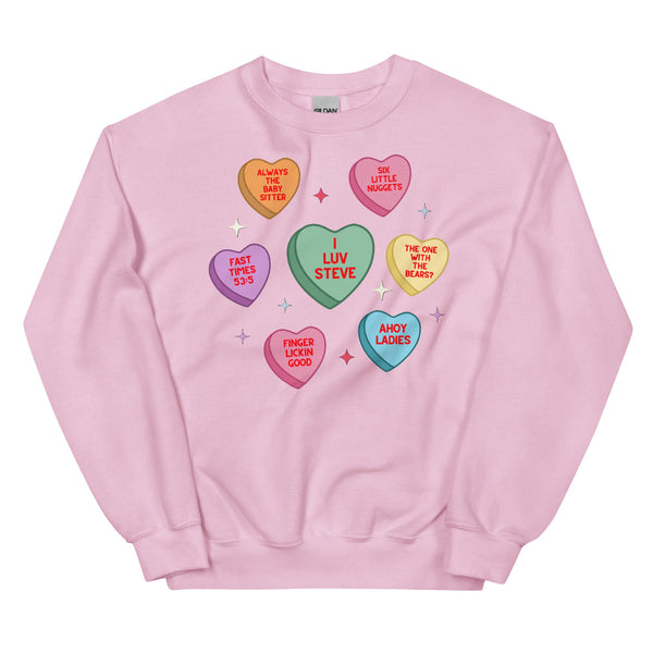 Unisex Valentine sweatshirt featuring Steve Harrington inspired candy hearts design with “I Luv Steve” text