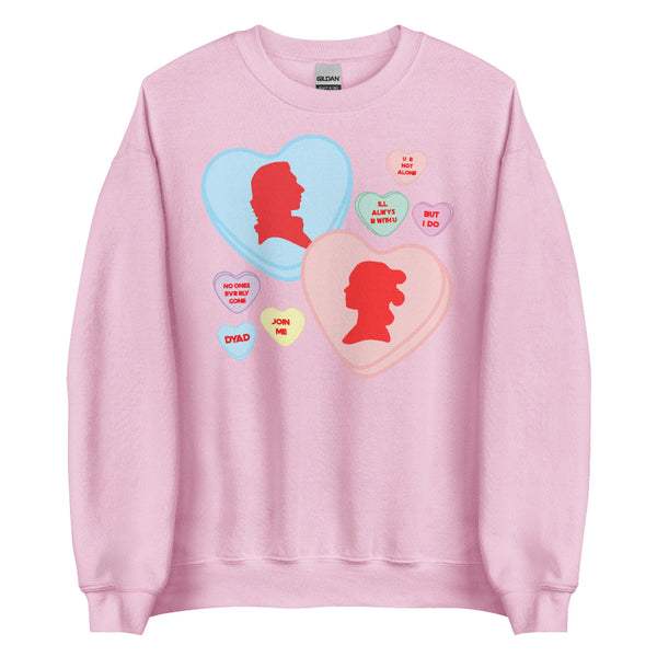 Reylo candy hearts Valentine sweatshirt with pastel heart phrases and romance fandom design