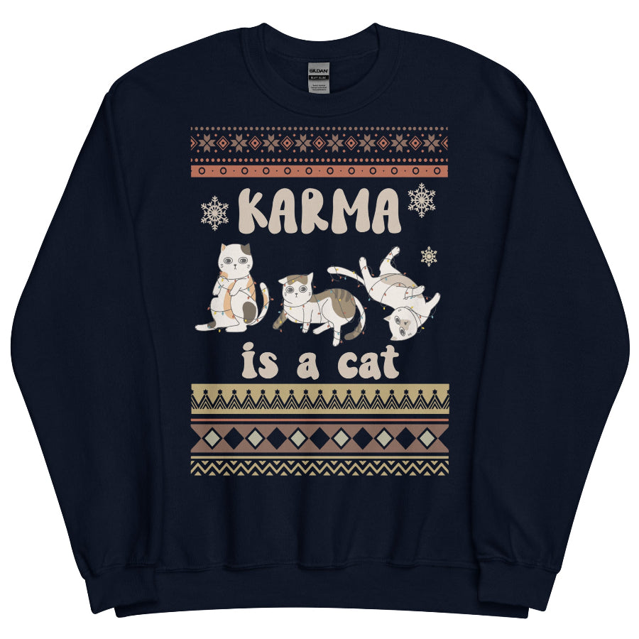Navy unisex sweatshirt with holiday sweater pattern and three illustrated cats around the text “Karma is a cat.”