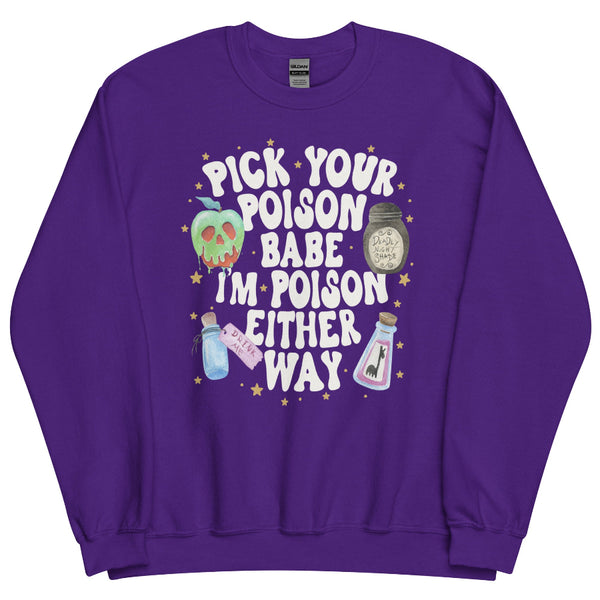Purple graphic t-shirt with Disney poison apple and potion bottles design, surrounded by stars, with bold text ‘Pick Your Poison Babe I’m Poison Either Way’ – Halloween Taylor Swift inspired shirt. sweatshirt jumper pullover hoodie long sleeve black purple