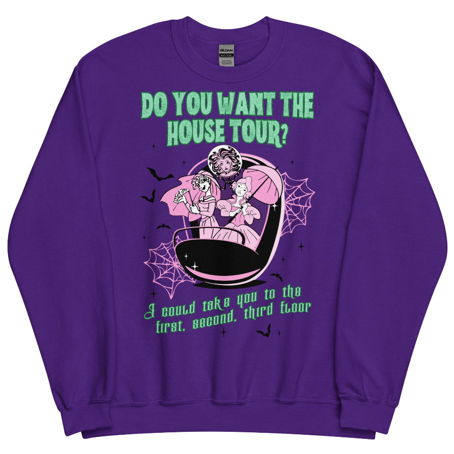 Haunted Mansion x Sabrina Carpenter House Tour mashup sweatshirt featuring ghostly bride design, cozy cotton polyester blend, unisex sizing. unisex sweater top shirt jumper pullover hoodie long sleeve fall winter disney parks oogie boogie bash sabrina carpenter do you want the house tour mans best friend mickeys not so scary outfit costume music lyrics