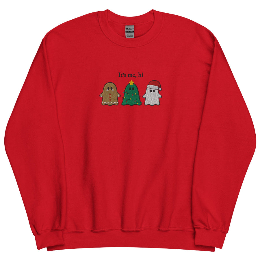 “It’s Me, Hi” embroidered Christmas sweatshirt showing three festive ghost characters—a gingerbread ghost, a Christmas-tree ghost with lights, and a Santa ghost—stitched on a sage green unisex crewneck. Taylor Swift swift midnights anti hero music lyrics holiday gift